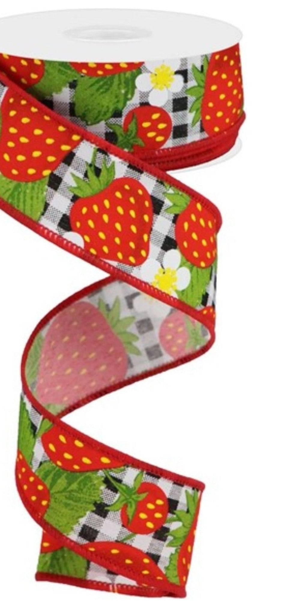 1.5" Strawberries on Check Ribbon: Black & White (10 Yards) - Michelle's aDOORable Creations - Wired Edge Ribbon