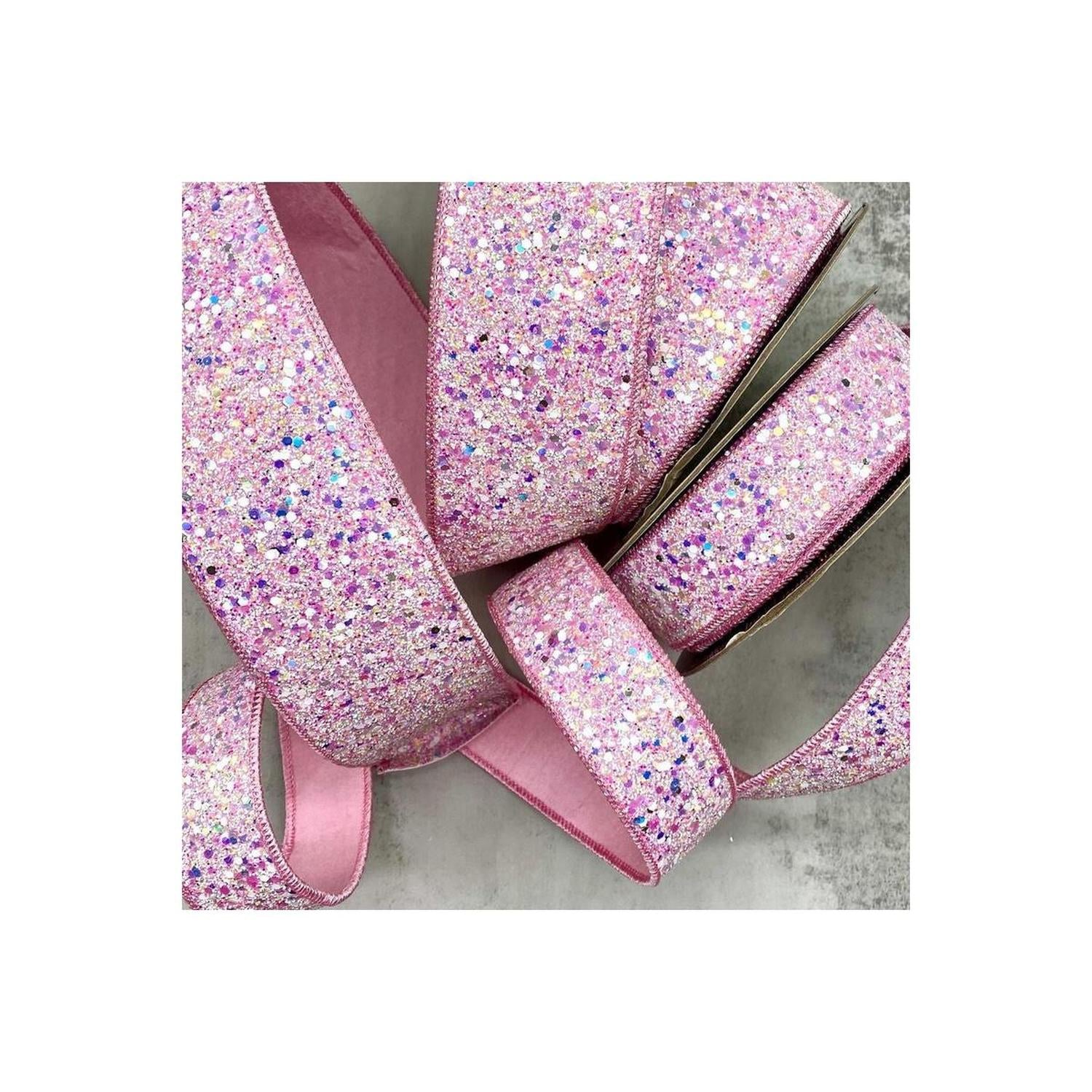 1.5" Sugar Plum Glitter Ribbon: Cotton Candy Pink (10 Yards)