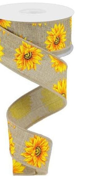 1.5" Sunflower on Canvas Ribbon: Beige (10 Yards) - Michelle's aDOORable Creations - Wired Edge Ribbon