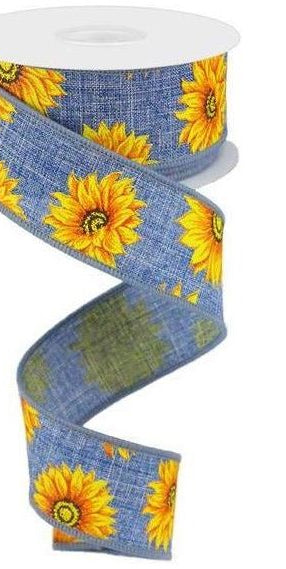1.5" Sunflower on Canvas Ribbon: Denim (10 Yards) - Michelle's aDOORable Creations - Wired Edge Ribbon