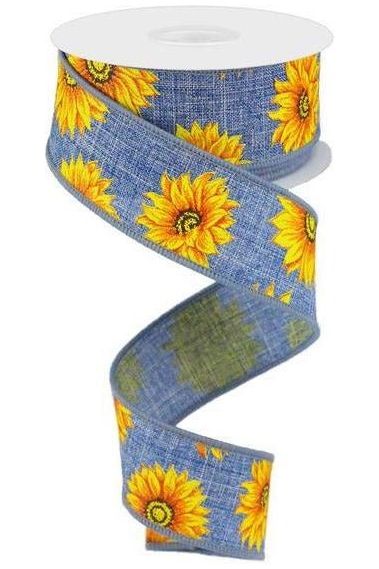1.5" Sunflower on Canvas Ribbon: Denim (10 Yards) - Michelle's aDOORable Creations - Wired Edge Ribbon