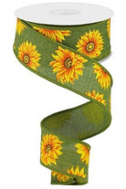 1.5" Sunflower on Canvas Ribbon: Green (10 Yards) - Michelle's aDOORable Creations - Wired Edge Ribbon