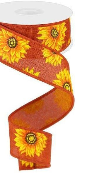 1.5" Sunflower on Canvas Ribbon: Rust Orange (10 Yards) - Michelle's aDOORable Creations - Wired Edge Ribbon