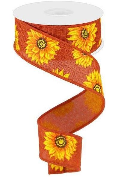 1.5" Sunflower on Canvas Ribbon: Rust Orange (10 Yards) - Michelle's aDOORable Creations - Wired Edge Ribbon