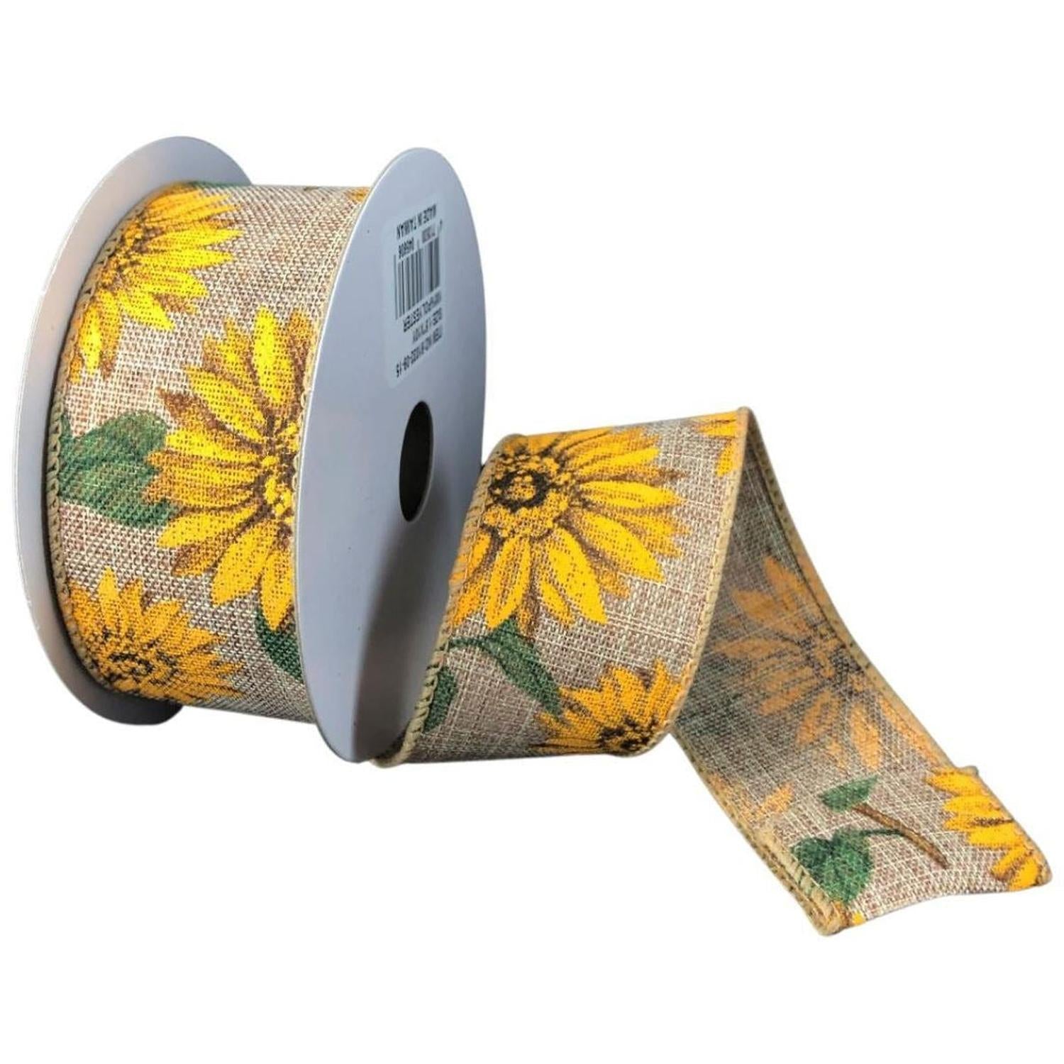 1.5" Sunflowers Linen Ribbon: Light Natural (10 Yards)