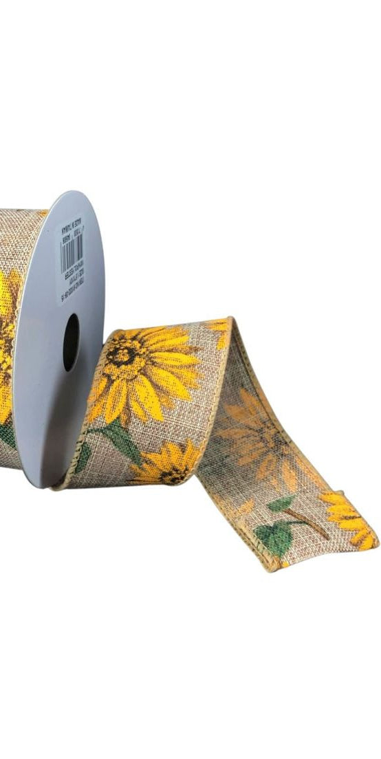 1.5" Sunflowers Linen Ribbon: Light Natural (10 Yards) - Michelle's aDOORable Creations - Wired Edge Ribbon