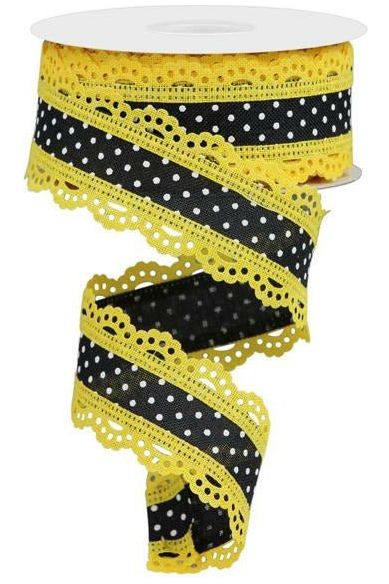 1.5" Swiss Dots Lace Edge Ribbon: Black/Yellow (10 Yards) - Michelle's aDOORable Creations - Wired Edge Ribbon