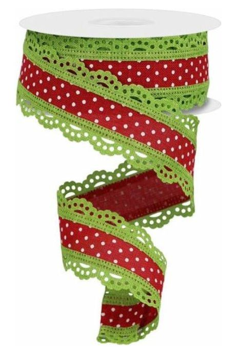 Shop For 1.5" Swiss Dots Lace Edge Ribbon: Red/Lime Green (10 Yards) at Michelle's aDOORable Creations