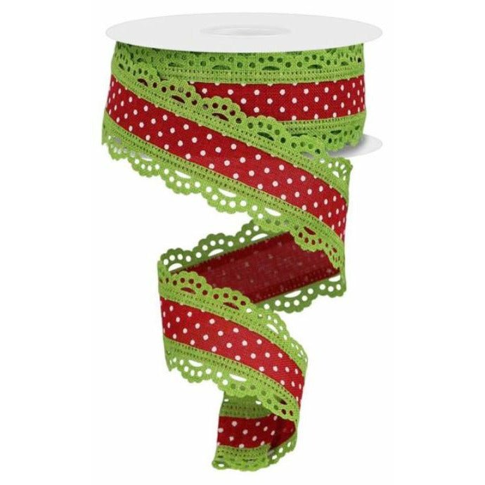 Shop For 1.5" Swiss Dots Lace Edge Ribbon: Red/Lime Green (10 Yards) at Michelle's aDOORable Creations