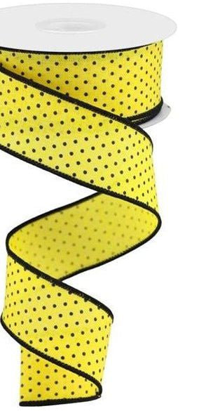 1.5" Swiss Dots Ribbon: Sun Yellow & Black (10 Yards) - Michelle's aDOORable Creations - Wired Edge Ribbon