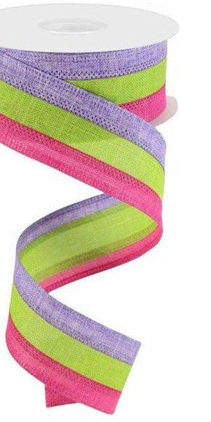 1.5" Tricolor Striped Ribbon: Lavender, Fuchsia, & Lime Green (10 Yards) - Michelle's aDOORable Creations - Wired Edge Ribbon