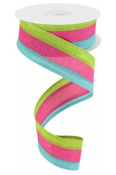 1.5" Tricolor Striped Ribbon: Teal, Fuchsia, & Lime Green (10 Yards) - Michelle's aDOORable Creations - Wired Edge Ribbon