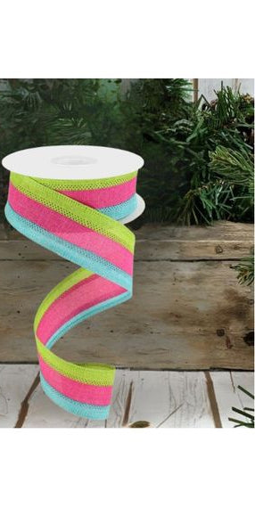 1.5" Tricolor Striped Ribbon: Teal, Fuchsia, & Lime Green (10 Yards) - Michelle's aDOORable Creations - Wired Edge Ribbon