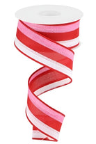 1.5" Tricolor Striped Ribbon: White, Pink, and Red (10 Yards) - Michelle's aDOORable Creations - Wired Edge Ribbon