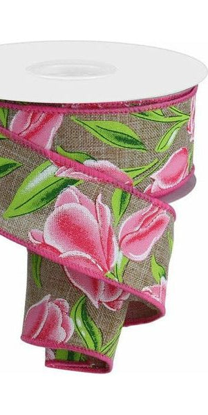 1.5" Tulips on Royal Ribbon: Pink (10 Yards) - Michelle's aDOORable Creations - Wired Edge Ribbon