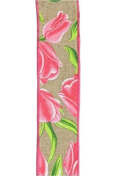 1.5" Tulips on Royal Ribbon: Pink (10 Yards) - Michelle's aDOORable Creations - Wired Edge Ribbon