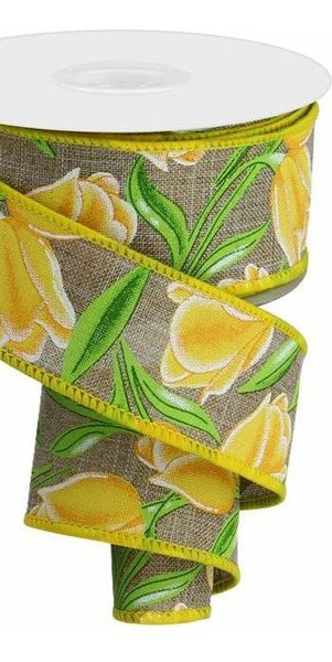 1.5" Tulips on Royal Ribbon: Yellow (10 Yards) - Michelle's aDOORable Creations - Wired Edge Ribbon