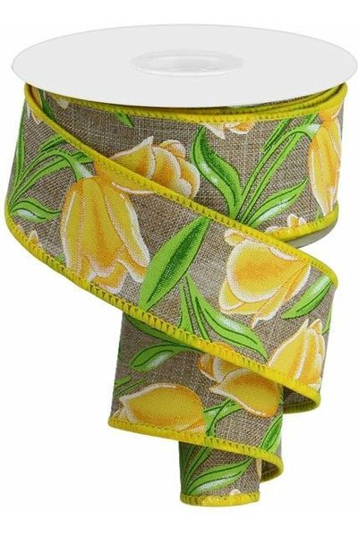 1.5" Tulips on Royal Ribbon: Yellow (10 Yards) - Michelle's aDOORable Creations - Wired Edge Ribbon