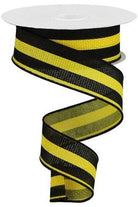 1.5" Vertical Stripe Faux Burlap Ribbon: Black & Sun Yellow (10 Yards) - Michelle's aDOORable Creations - Wired Edge Ribbon