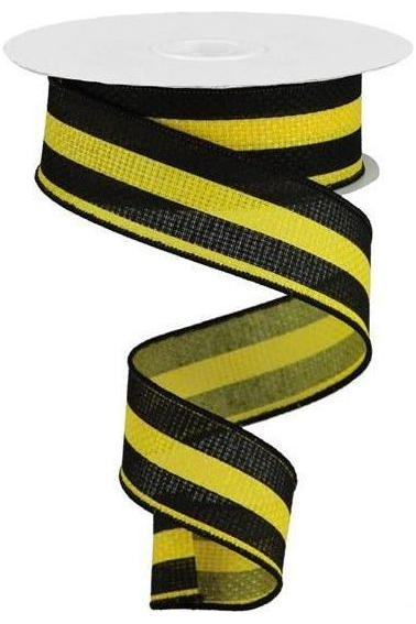 1.5" Vertical Stripe Faux Burlap Ribbon: Black & Sun Yellow (10 Yards) - Michelle's aDOORable Creations - Wired Edge Ribbon