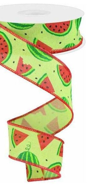 1.5" Watermelon Slices Canvas Ribbon: Bright Green (10 Yards) - Michelle's aDOORable Creations - Wired Edge Ribbon
