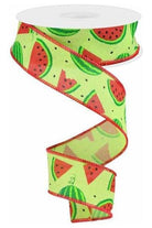 1.5" Watermelon Slices Canvas Ribbon: Bright Green (10 Yards) - Michelle's aDOORable Creations - Wired Edge Ribbon