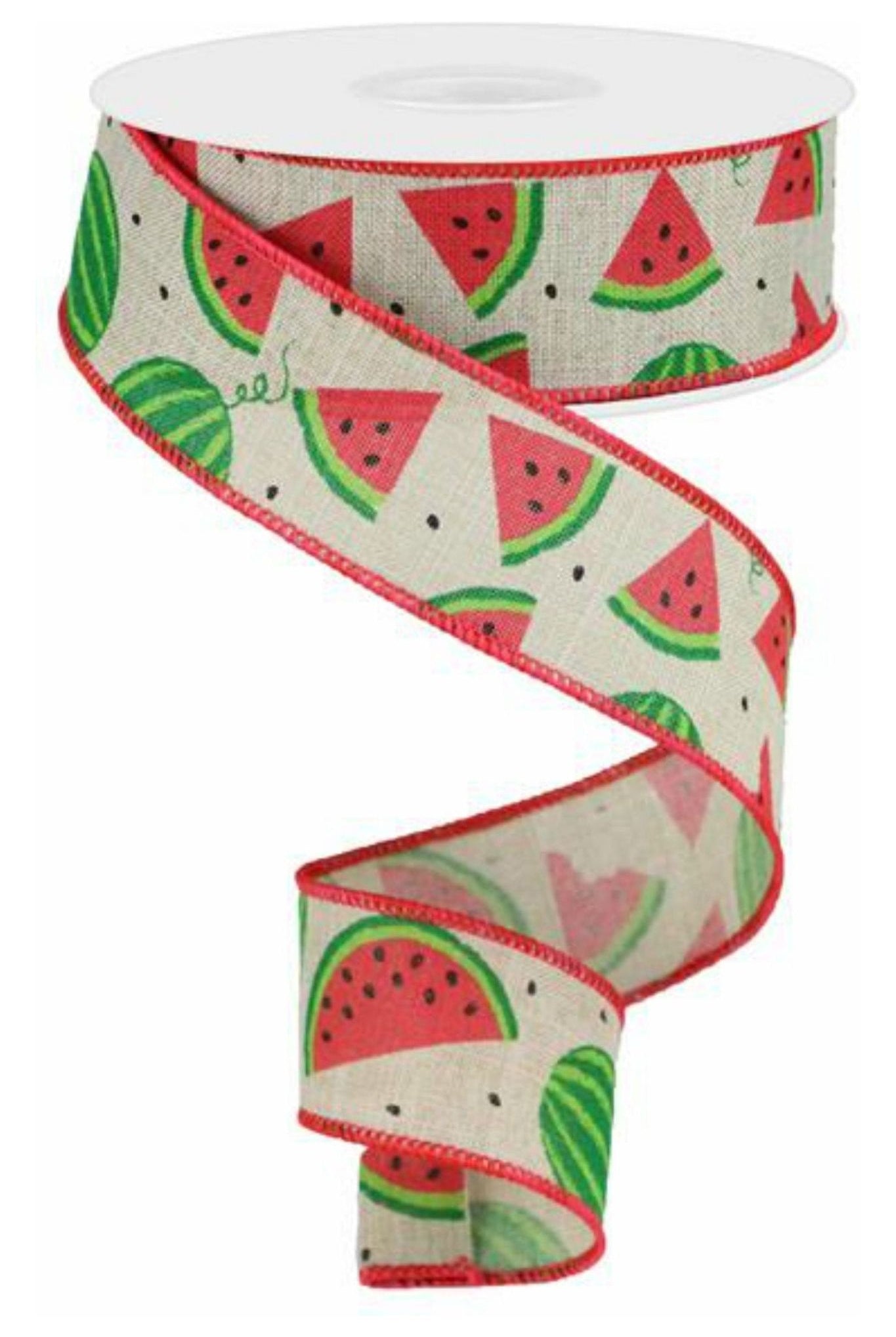 1.5" Watermelon Slices Canvas Ribbon: Natural (10 Yards) - Michelle's aDOORable Creations - Wired Edge Ribbon