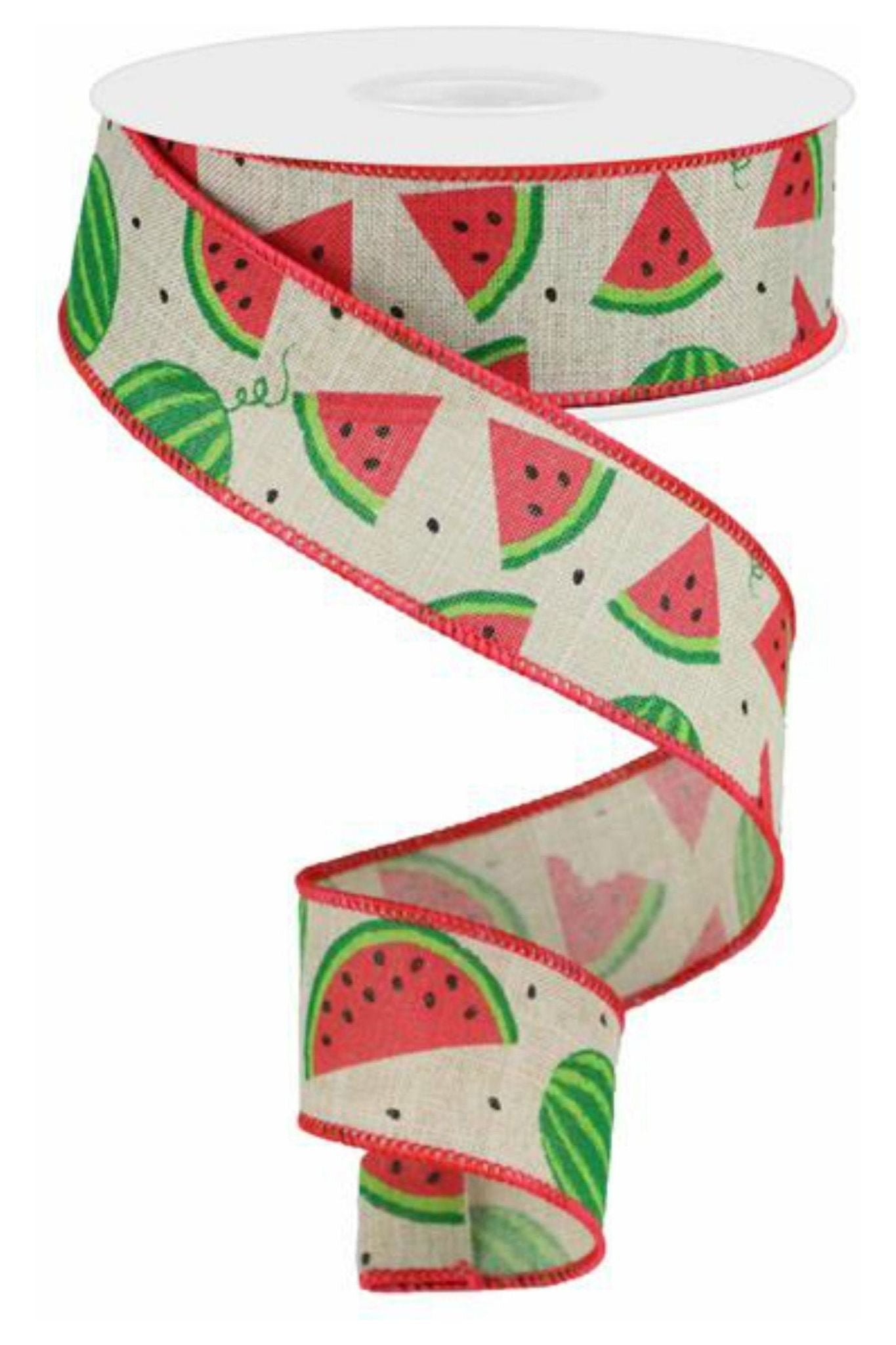 1.5" Watermelon Slices Canvas Ribbon: Natural (10 Yards) - Michelle's aDOORable Creations - Wired Edge Ribbon