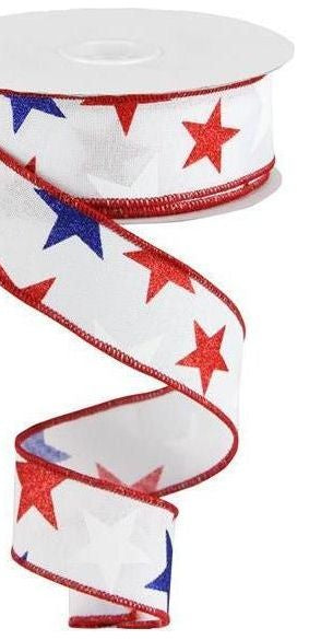 1.5" White Royal Canvas Ribbon: Patriotic Stars (10 Yards) - Michelle's aDOORable Creations - Wired Edge Ribbon
