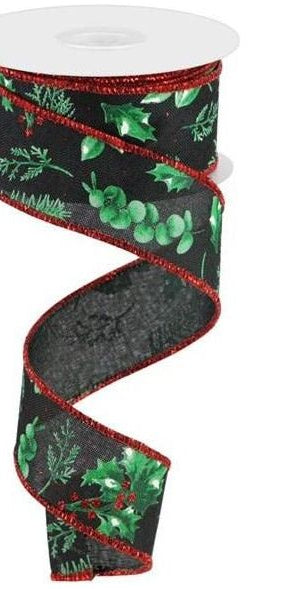 1.5" Winter Foliage Ribbon: Green (10 Yards) - Michelle's aDOORable Creations - Wired Edge Ribbon