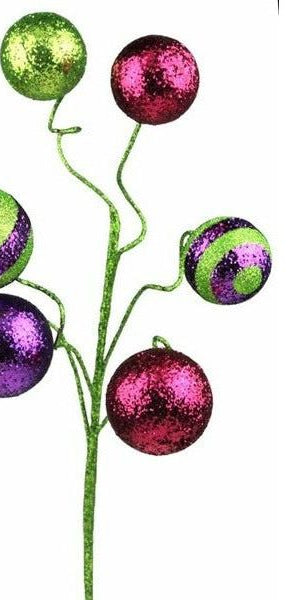 19" Stripe Solid Glitter Ball Spray: Purple/Fuchsia/Lime Green - Michelle's aDOORable Creations - Sprays and Picks