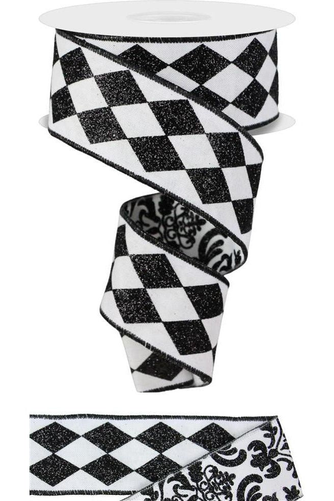 2" Triple Layer Damask Harlequin Ribbon: Black & White (10 Yards) - Michelle's aDOORable Creations - Wired Edge Ribbon