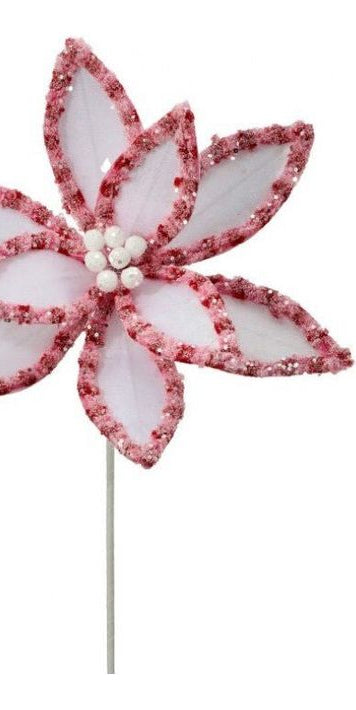22” Candy Snow Glitter Poinsettia Stem: White/Pink - Michelle's aDOORable Creations - Poinsettia