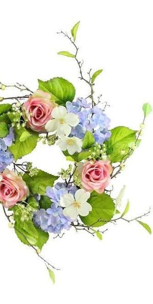 22" Hydrangea Rose Berry Wreath: Blue, Pink, Cream & Green - Michelle's aDOORable Creations - Work Wreath Form