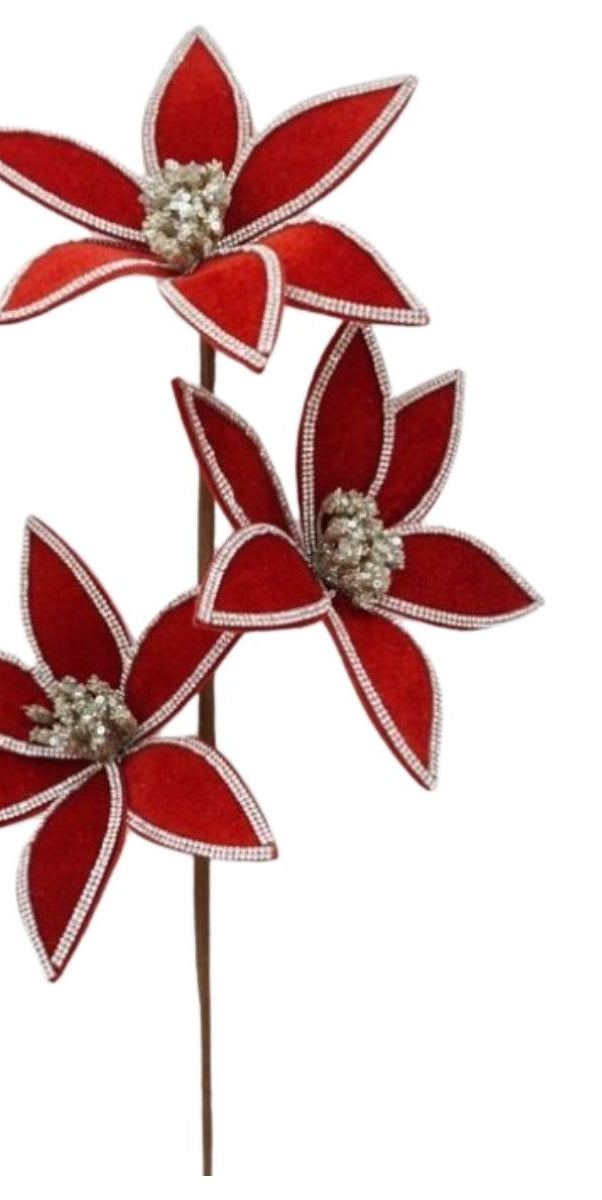 24" Triple Velvet Jewel Poinsettia Stem: Red - Michelle's aDOORable Creations - Poinsettia