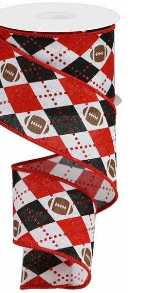 2.5" Argyle Footballs Ribbon: Red & Black (10 Yards) - Michelle's aDOORable Creations - Wired Edge Ribbon