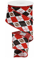 2.5" Argyle Footballs Ribbon: Red & Black (10 Yards) - Michelle's aDOORable Creations - Wired Edge Ribbon