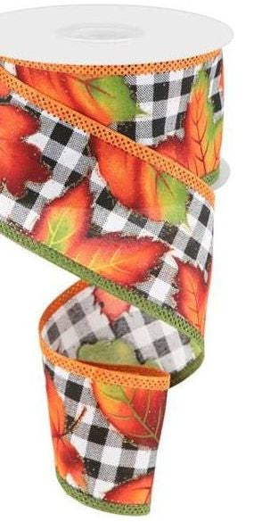 2.5" Autumn Leaves on Check Ribbon: White (10 Yards) - Michelle's aDOORable Creations - Wired Edge Ribbon