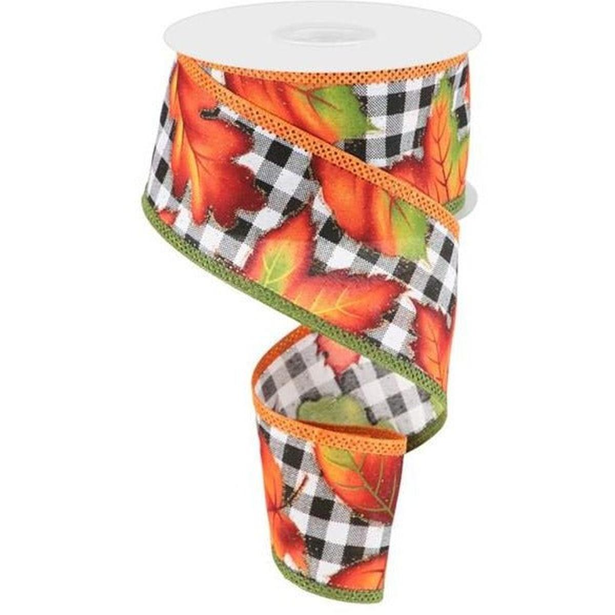 Shop For 2.5" Autumn Leaves on Check Ribbon: White (10 Yards) at Michelle's aDOORable Creations