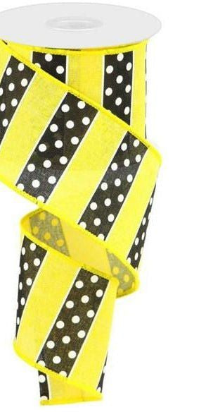 2.5" B & W Polka Dot Stripes Ribbon: Sun Yellow (10 Yards) - Michelle's aDOORable Creations - Wired Edge Ribbon