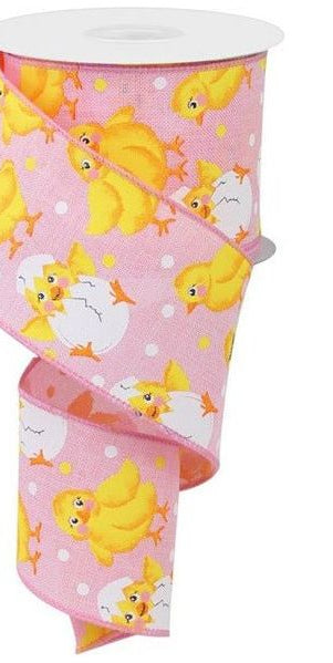 2.5" Baby Chicks on Royal Ribbon: Light Pink (10 Yards) - Michelle's aDOORable Creations - Wired Edge Ribbon