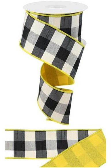2.5" Black Check Dupioni Fused Back Ribbon: Yellow (10 Yards) - Michelle's aDOORable Creations - Wired Edge Ribbon