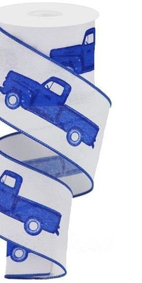 2.5" Blue Vintage Truck Ribbon: White No Tree - Michelle's aDOORable Creations - Wired Edge Ribbon