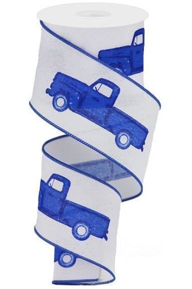 2.5" Blue Vintage Truck Ribbon: White No Tree - Michelle's aDOORable Creations - Wired Edge Ribbon