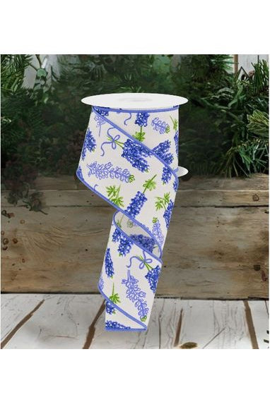 2.5" Bluebonnets Pattern Ribbon: Ivory (10 Yards) - Michelle's aDOORable Creations - Wired Edge Ribbon