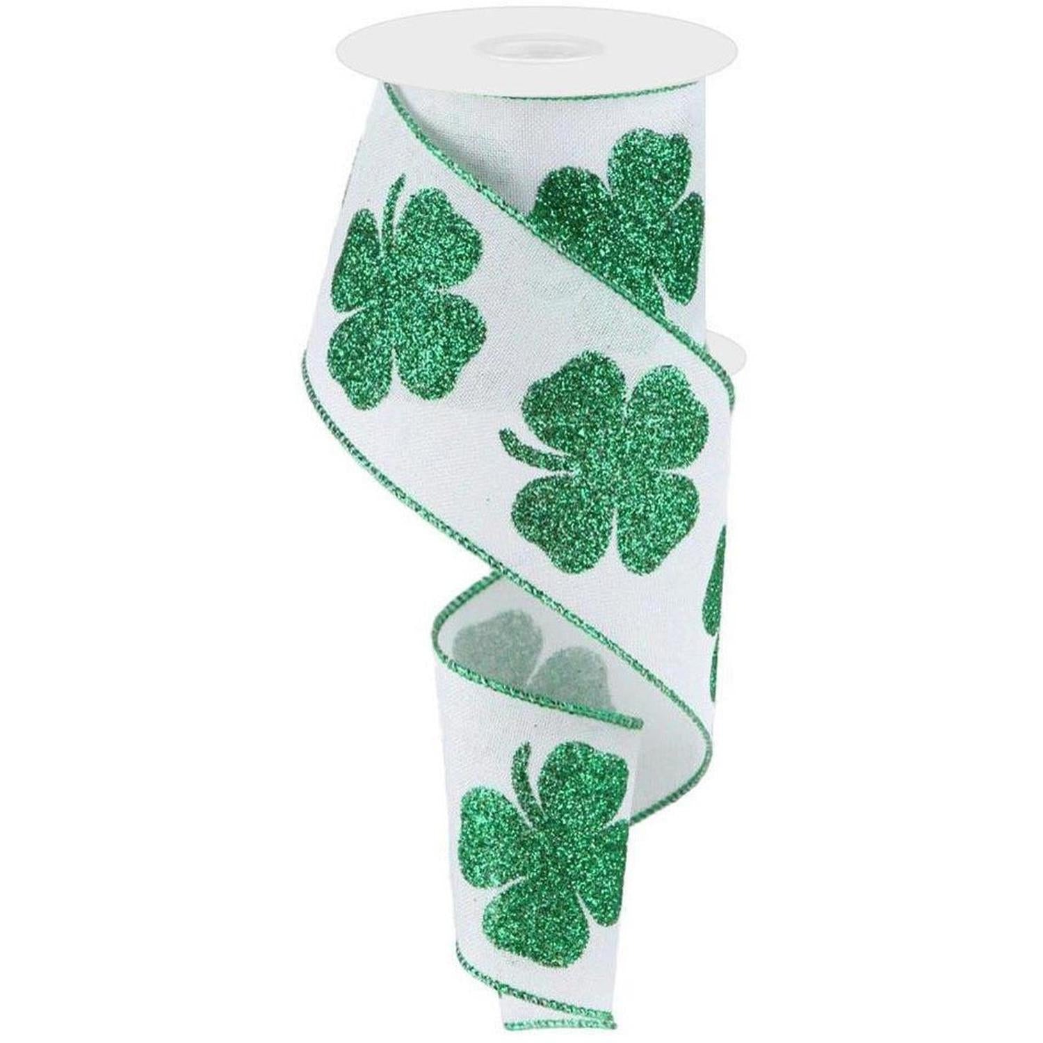 2.5" Bold Glitter Clover Ribbon: White/Green (10 Yards)
