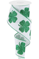 2.5" Bold Glitter Clover Ribbon: White/Green (10 Yards) - Michelle's aDOORable Creations - Wired Edge Ribbon