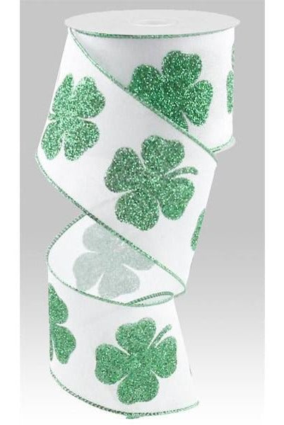2.5" Bold Glitter Clover Ribbon: White/Green (10 Yards) - Michelle's aDOORable Creations - Wired Edge Ribbon