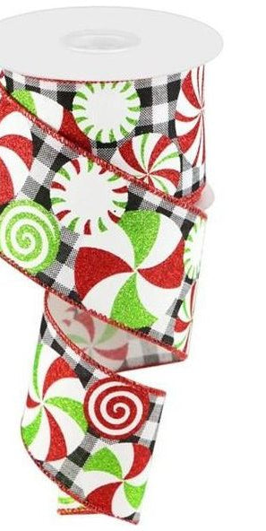 2.5" Bold Peppermint Gingham Ribbon: Black/White (10 Yards) - Michelle's aDOORable Creations - Wired Edge Ribbon