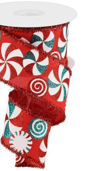 2.5" Bold Peppermint Tinsel Ribbon: Red (10 Yards) - Michelle's aDOORable Creations - Wired Edge Ribbon